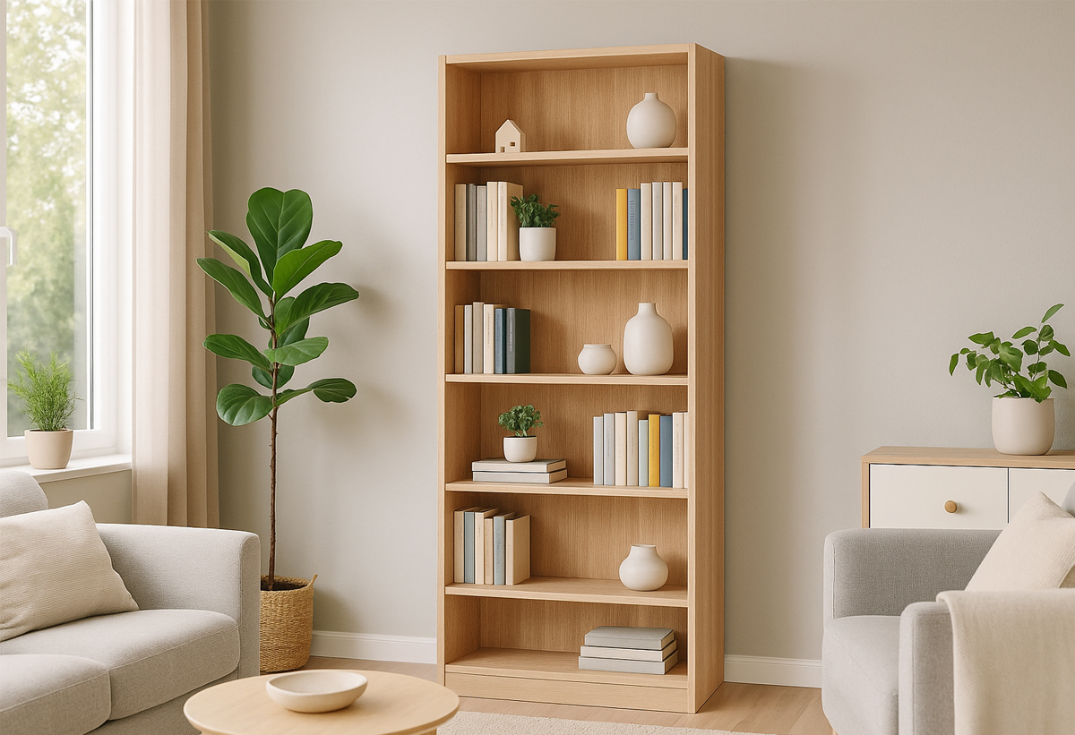 Απεικονίζεται η βιβλιοθήκη σε ένα σαλόνι.